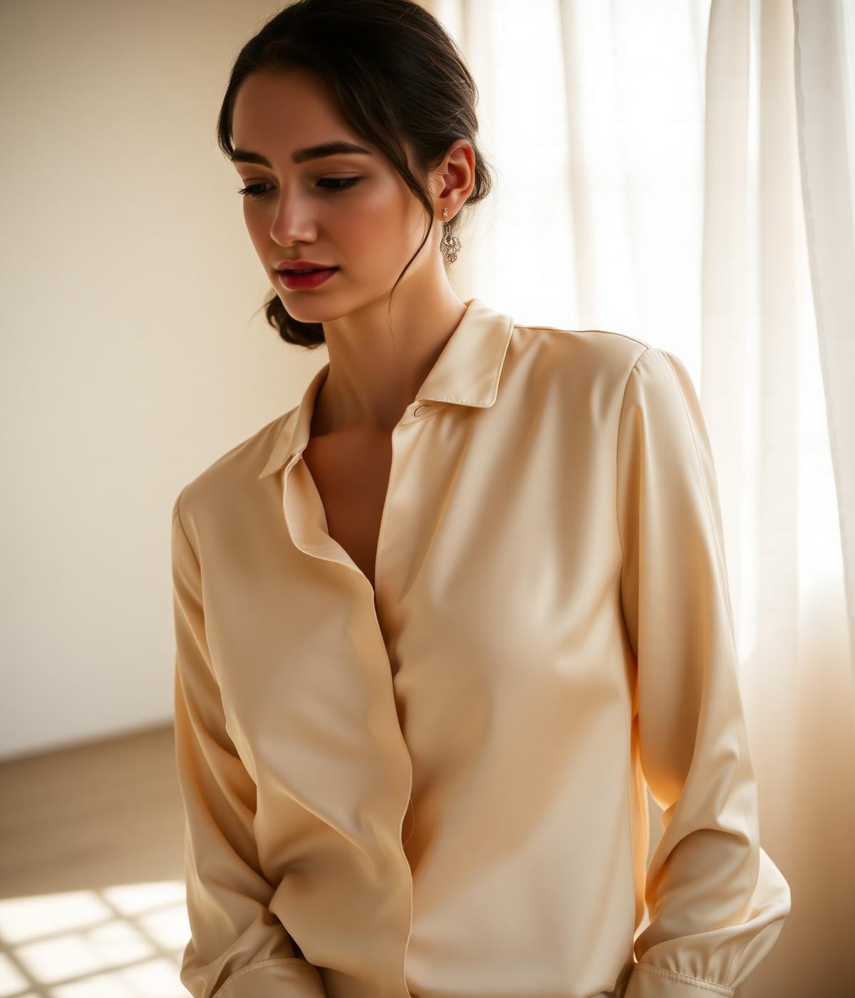 Mulher elegante em blusa de seda